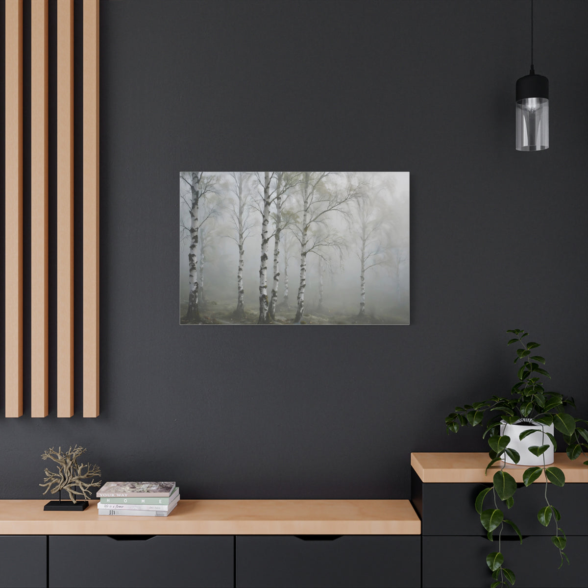 Birch Grove in Fog Canvas Print — Misty Birch Forest Wall Art