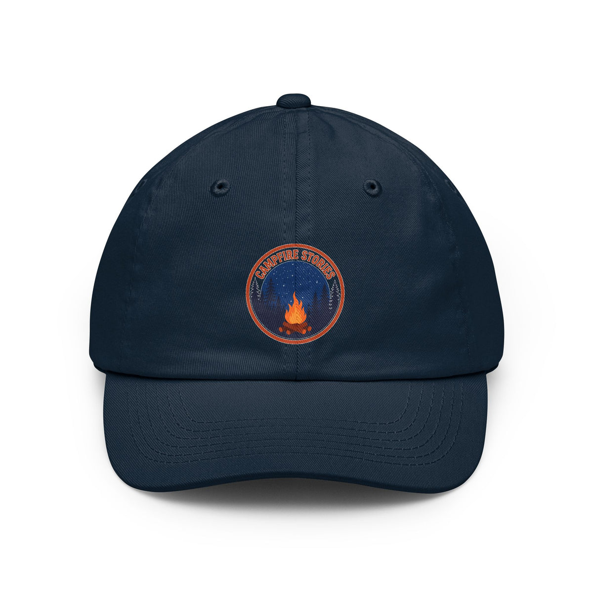 Vintage campfire scene design on a Wander Wild Co dad cap