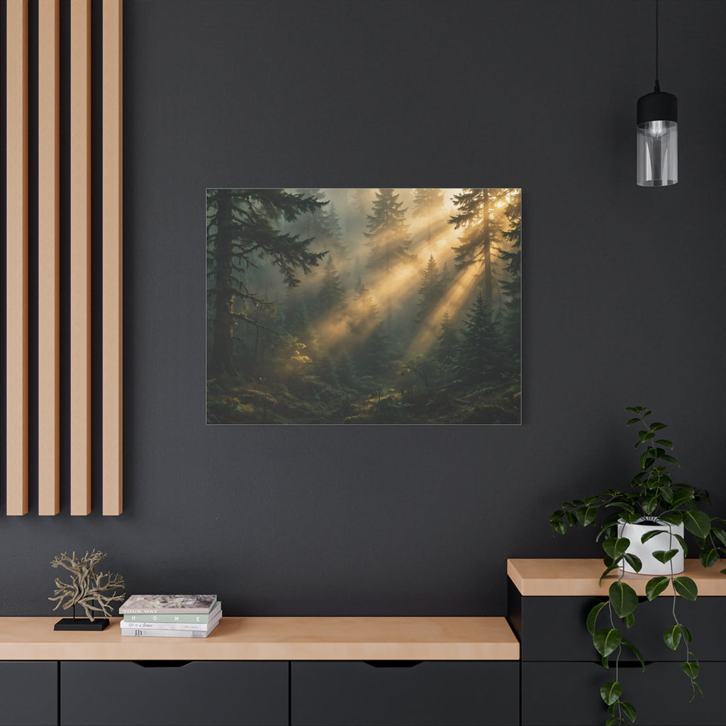 Sunbeams Through Pines Canvas Print — Sunlit Forest Landscape Wall Art