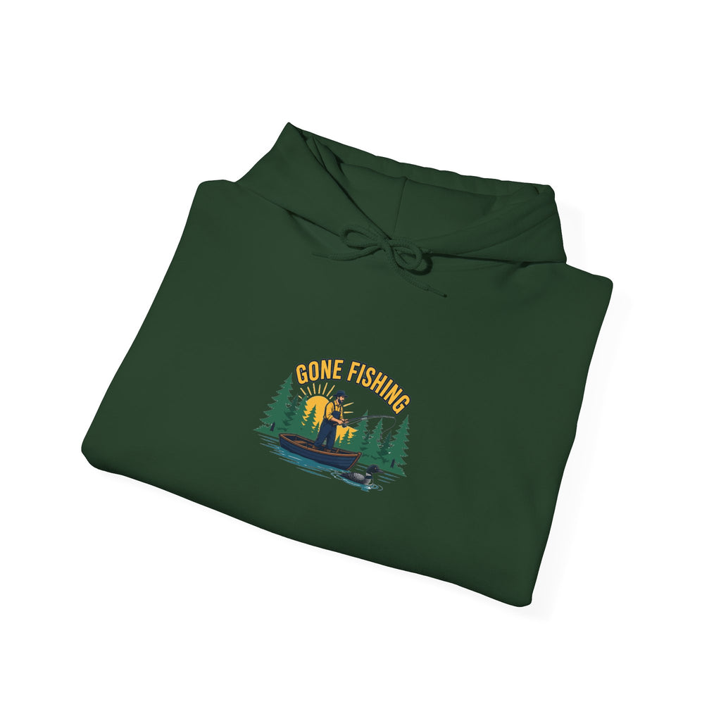 Retro gone fishing badge graphic on a Wander Wild Co vintage pullover hoodie