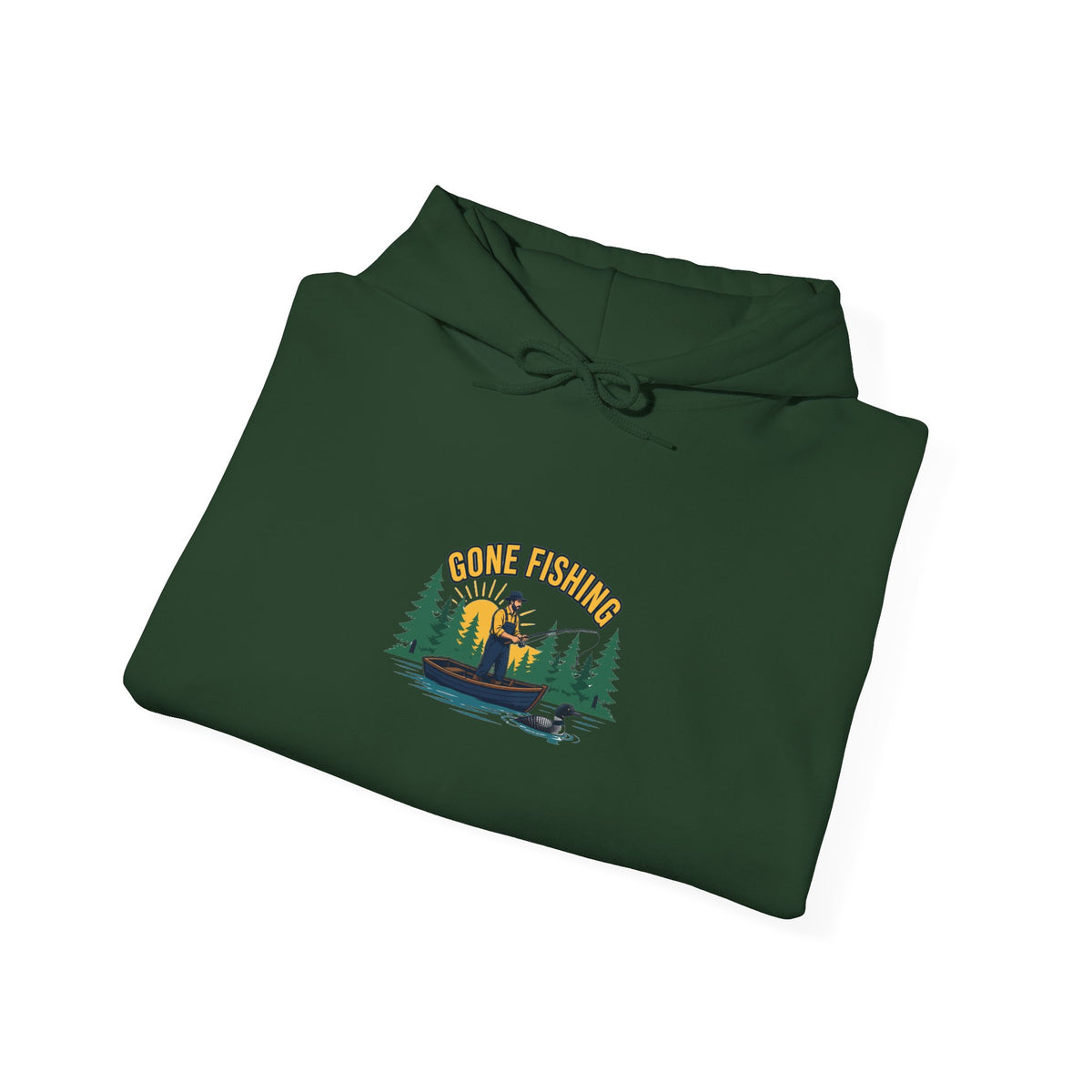 Retro gone fishing badge graphic on a Wander Wild Co vintage pullover hoodie