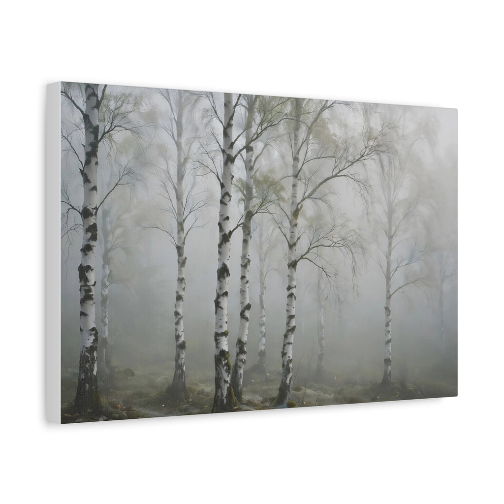 Birch Grove in Fog Canvas Print — Misty Birch Forest Wall Art