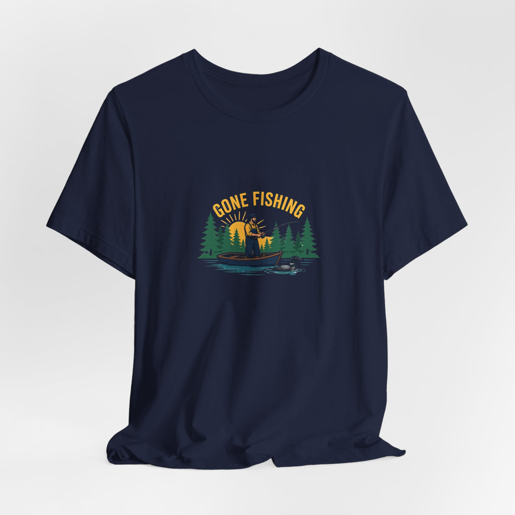 Retro gone fishing badge graphic on a Wander Wild Co vintage classic tee