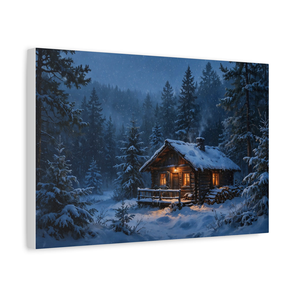 Cabin in the Pines Canvas Print — Snowy Cabin Winter Landscape Wall Art