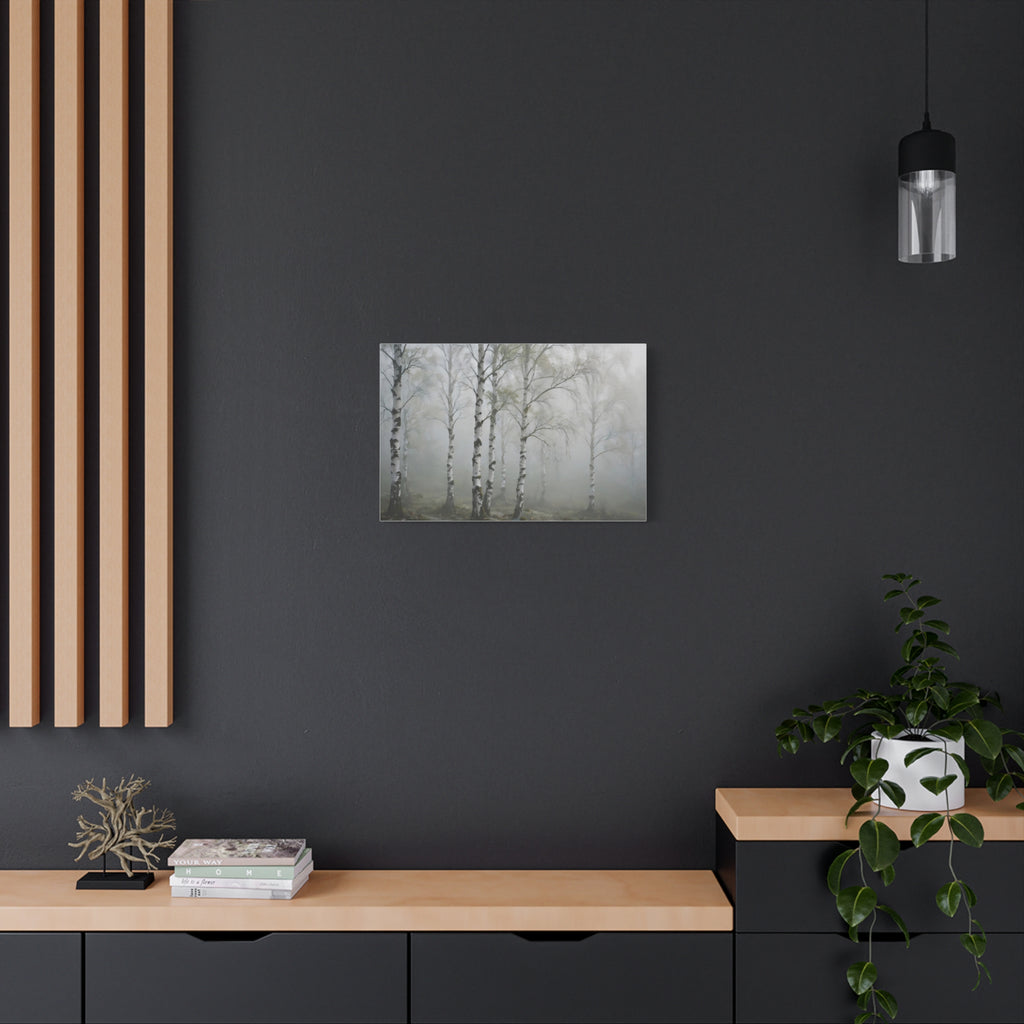 Birch Grove in Fog Canvas Print — Misty Birch Forest Wall Art