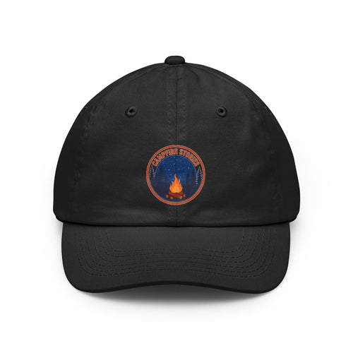 Vintage campfire scene design on a Wander Wild Co dad cap