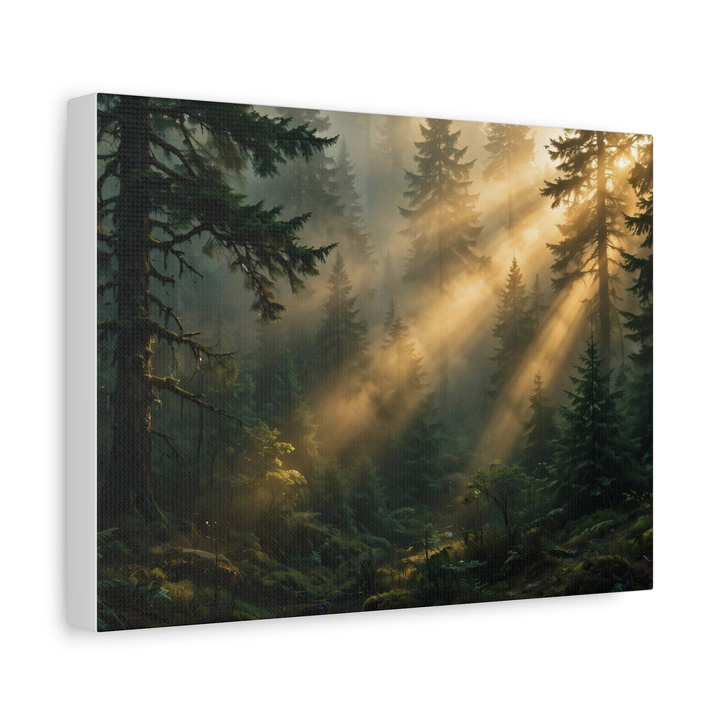Sunbeams Through Pines Canvas Print — Sunlit Forest Landscape Wall Art