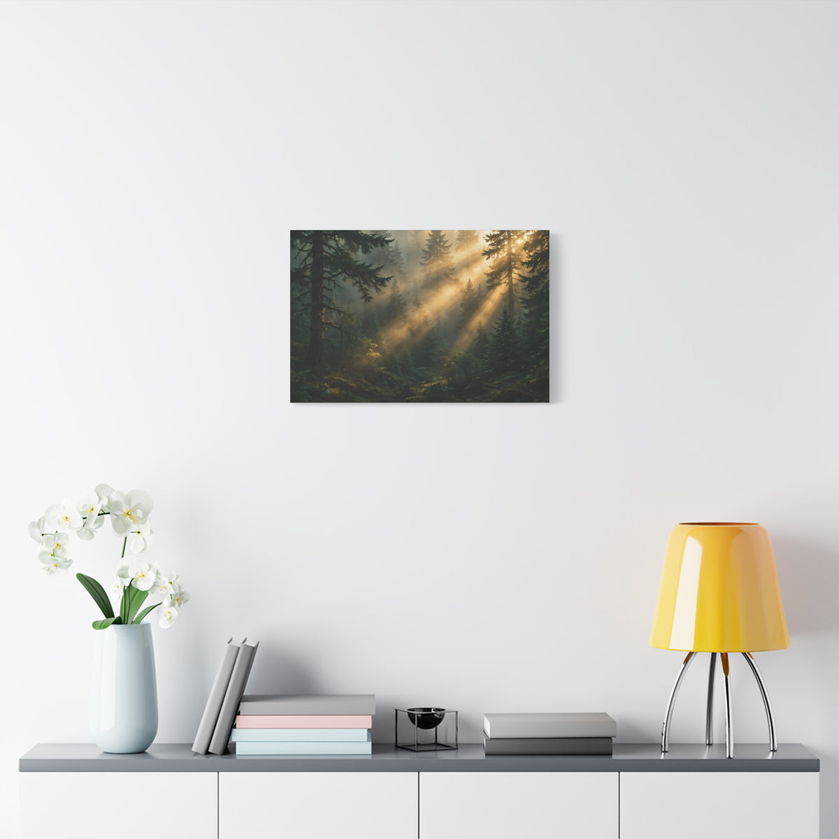 Sunbeams Through Pines Canvas Print — Sunlit Forest Landscape Wall Art