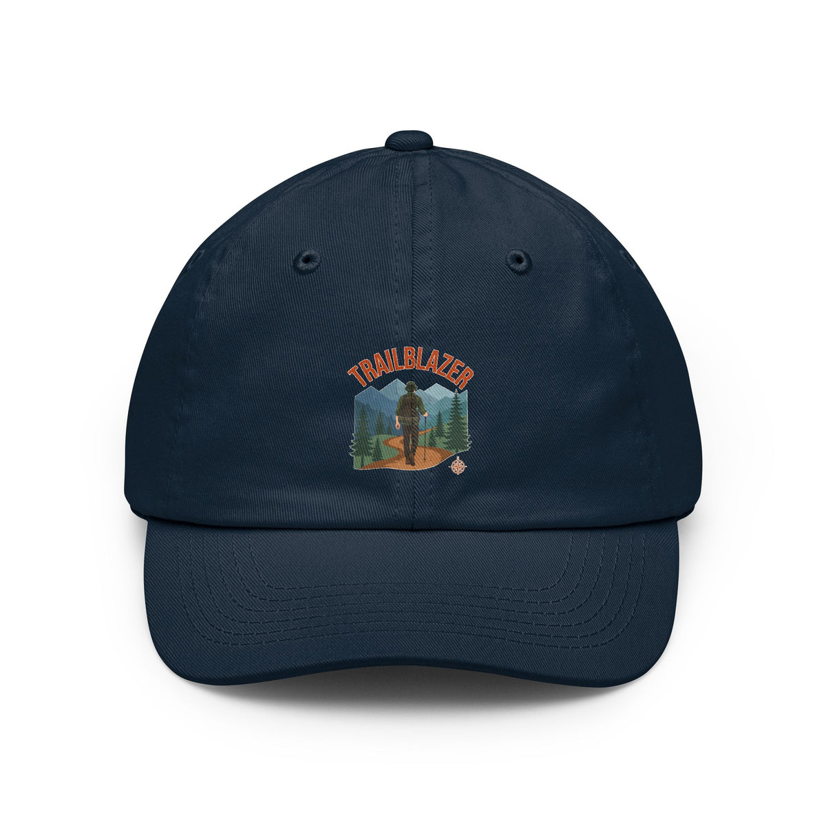 Retro mountain trail badge design on a Wander Wild Co vintage dad cap