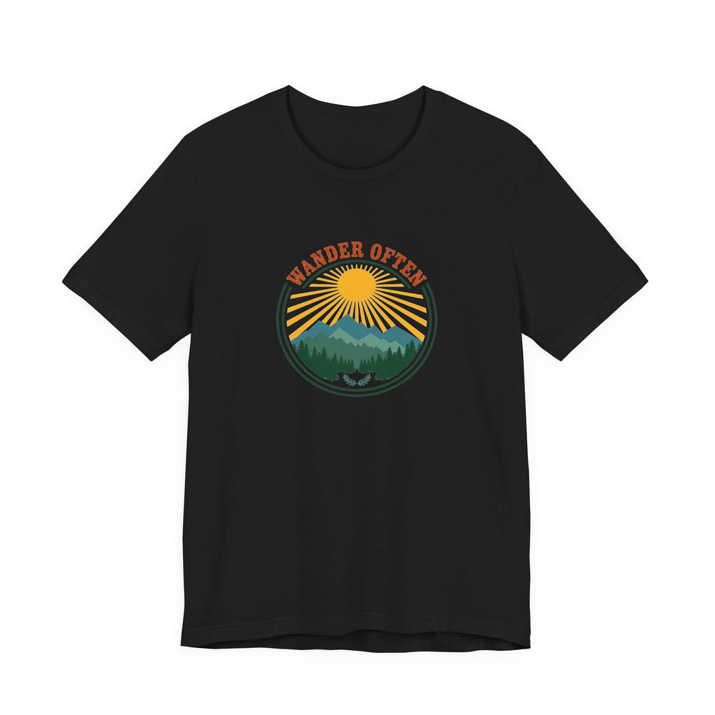 Retro wanderlust badge graphic on a black Wander Wild Co vintage classic tee