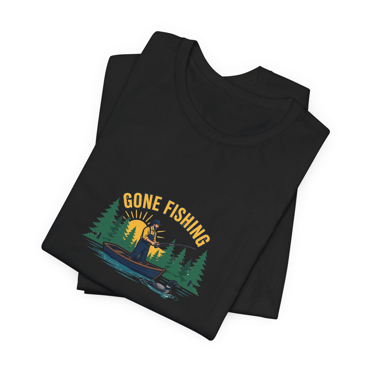 Retro gone fishing badge graphic on a Wander Wild Co vintage classic tee