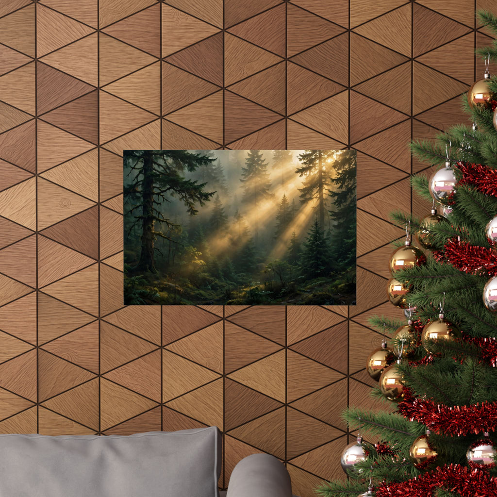 Sunbeams Through Pines Art Print — Forest Light Rays Poster