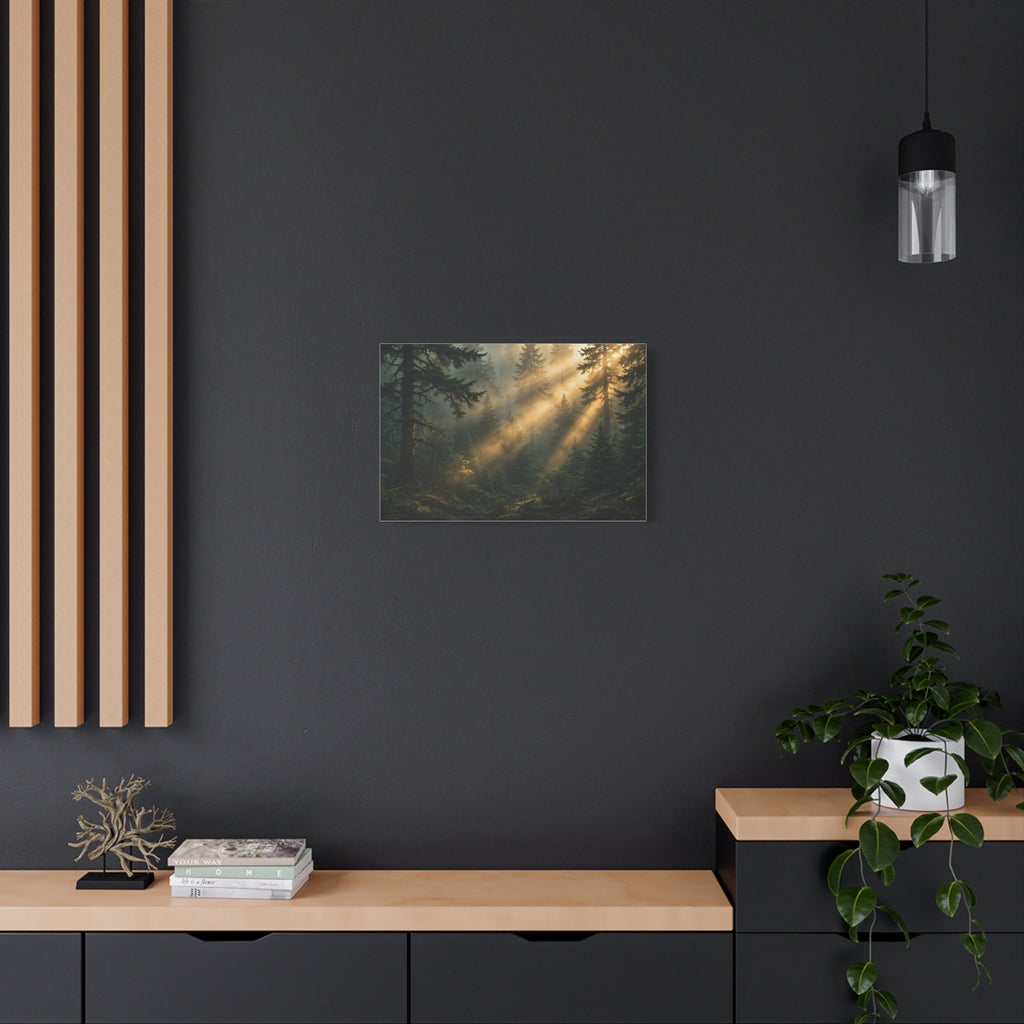 Sunbeams Through Pines Canvas Print — Sunlit Forest Landscape Wall Art