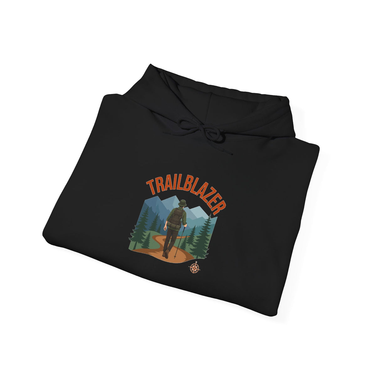 Retro mountain trail badge graphic on a Wander Wild Co vintage pullover hoodie