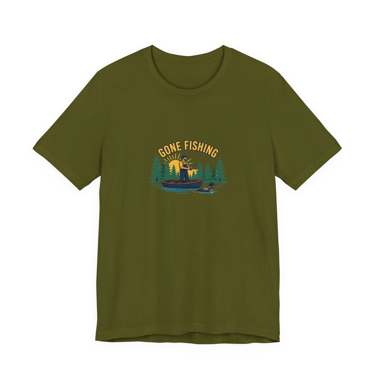 Retro gone fishing badge graphic on a Wander Wild Co vintage classic tee