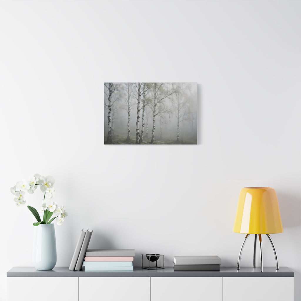 Birch Grove in Fog Canvas Print — Misty Birch Forest Wall Art