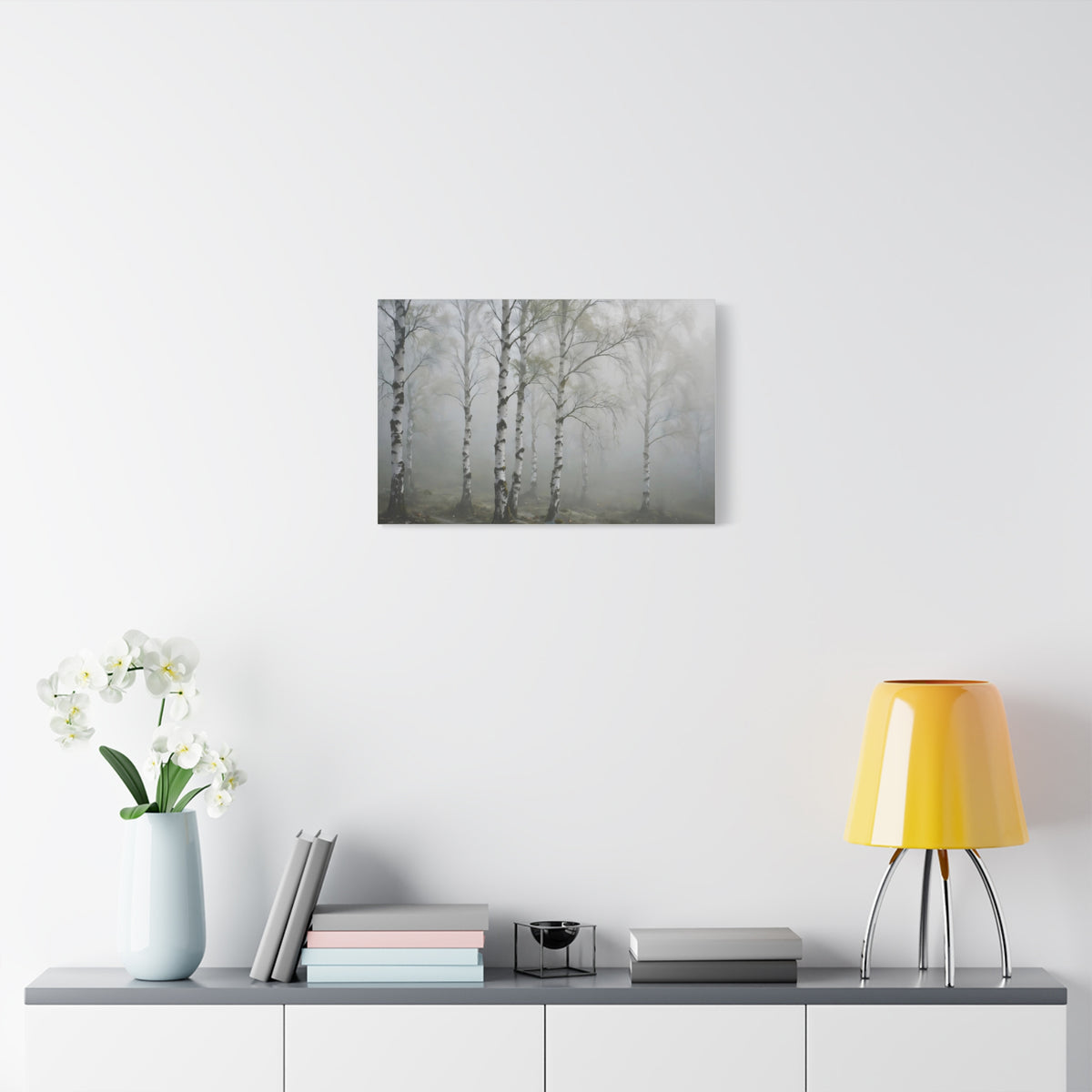 Birch Grove in Fog Canvas Print — Misty Birch Forest Wall Art