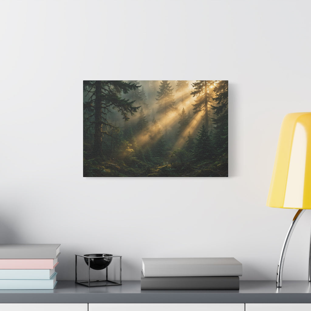 Sunbeams Through Pines Canvas Print — Sunlit Forest Landscape Wall Art