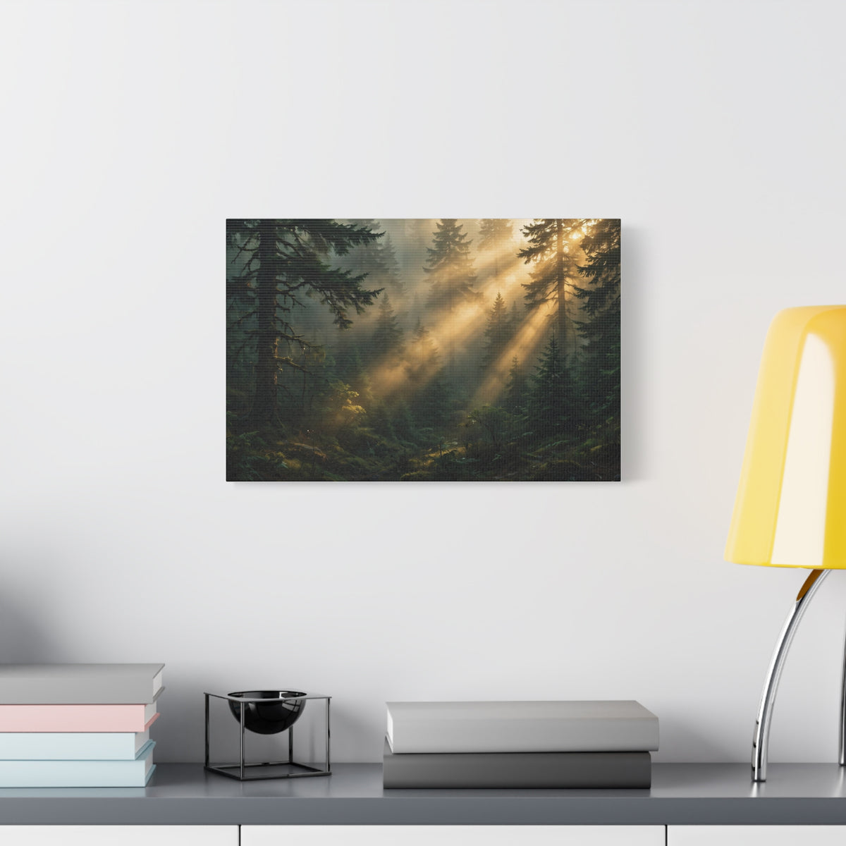 Sunbeams Through Pines Canvas Print — Sunlit Forest Landscape Wall Art