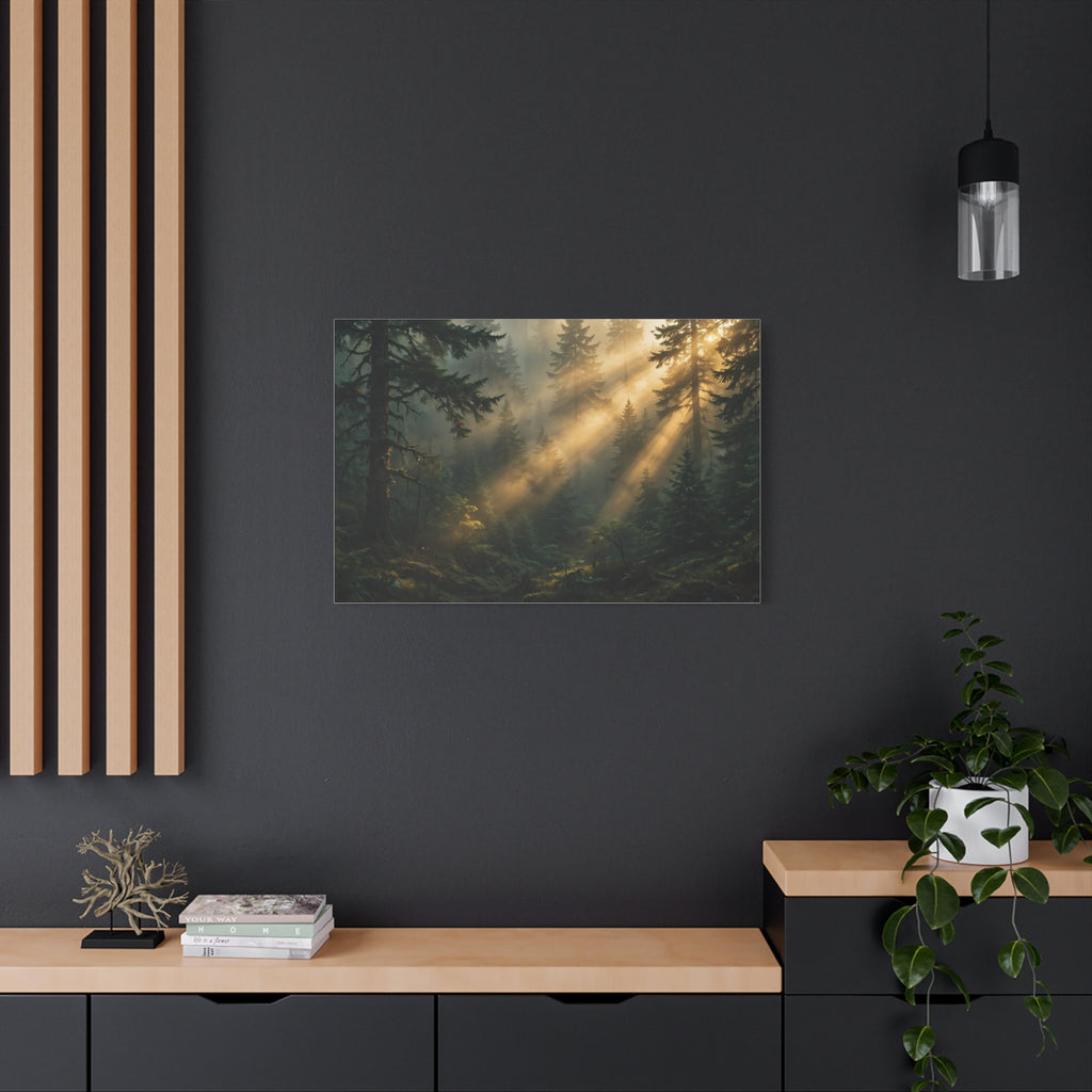Sunbeams Through Pines Canvas Print — Sunlit Forest Landscape Wall Art