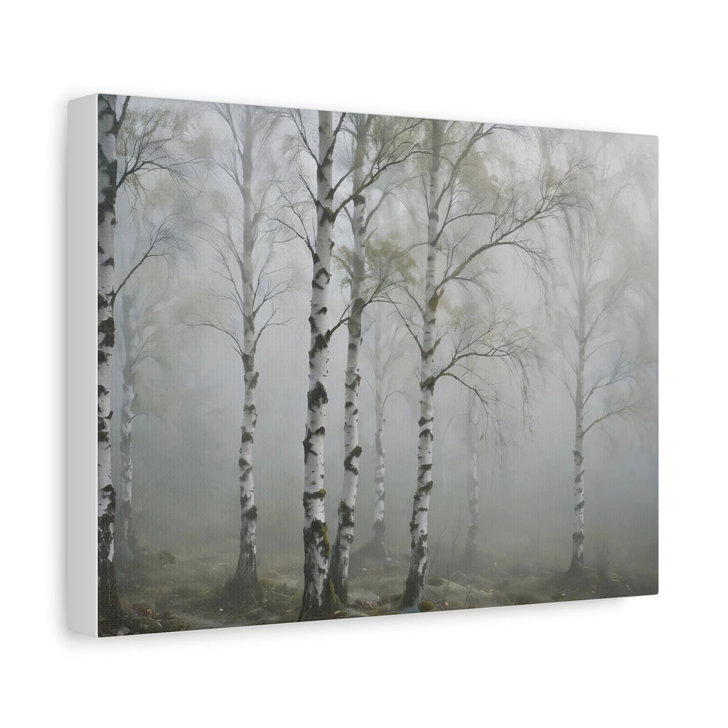 Birch Grove in Fog Canvas Print — Misty Birch Forest Wall Art