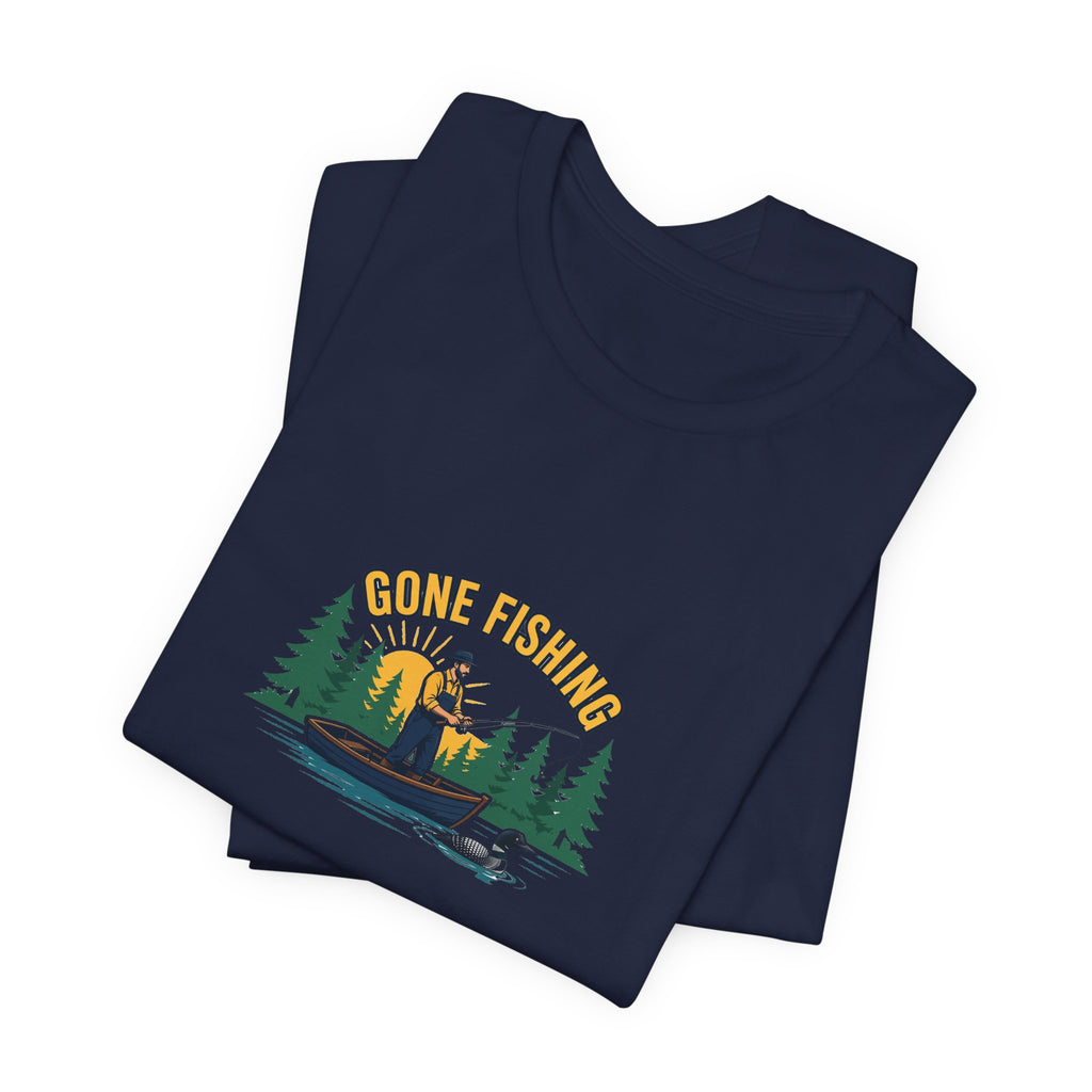 Retro gone fishing badge graphic on a Wander Wild Co vintage classic tee