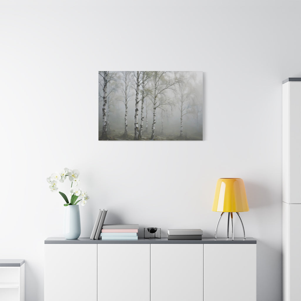 Birch Grove in Fog Canvas Print — Misty Birch Forest Wall Art