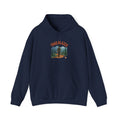 Retro mountain trail badge graphic on a Wander Wild Co vintage pullover hoodie