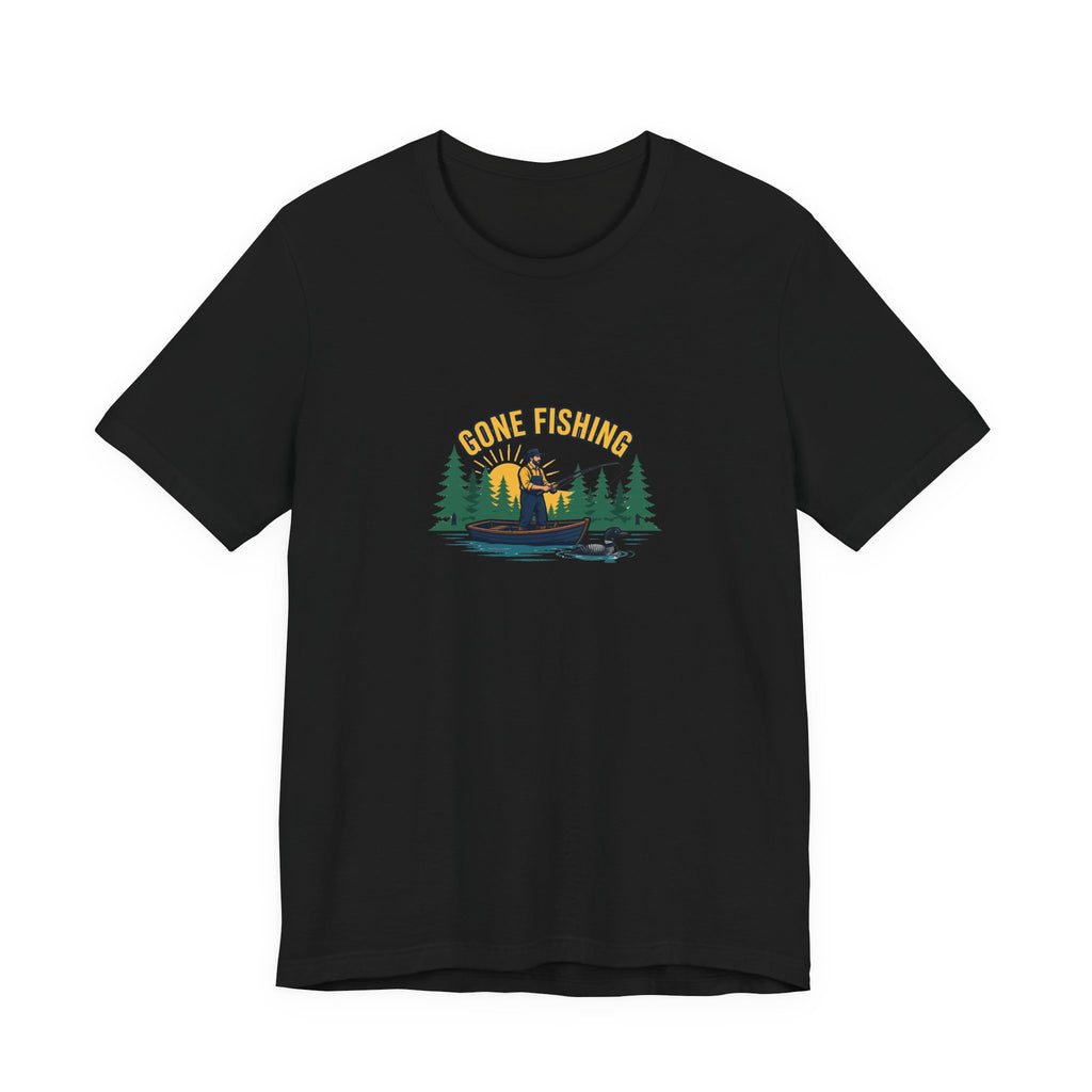 Retro gone fishing badge graphic on a Wander Wild Co vintage classic tee