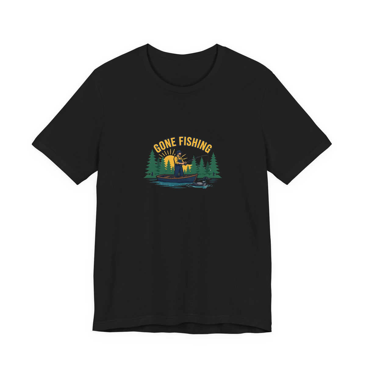 Retro gone fishing badge graphic on a Wander Wild Co vintage classic tee