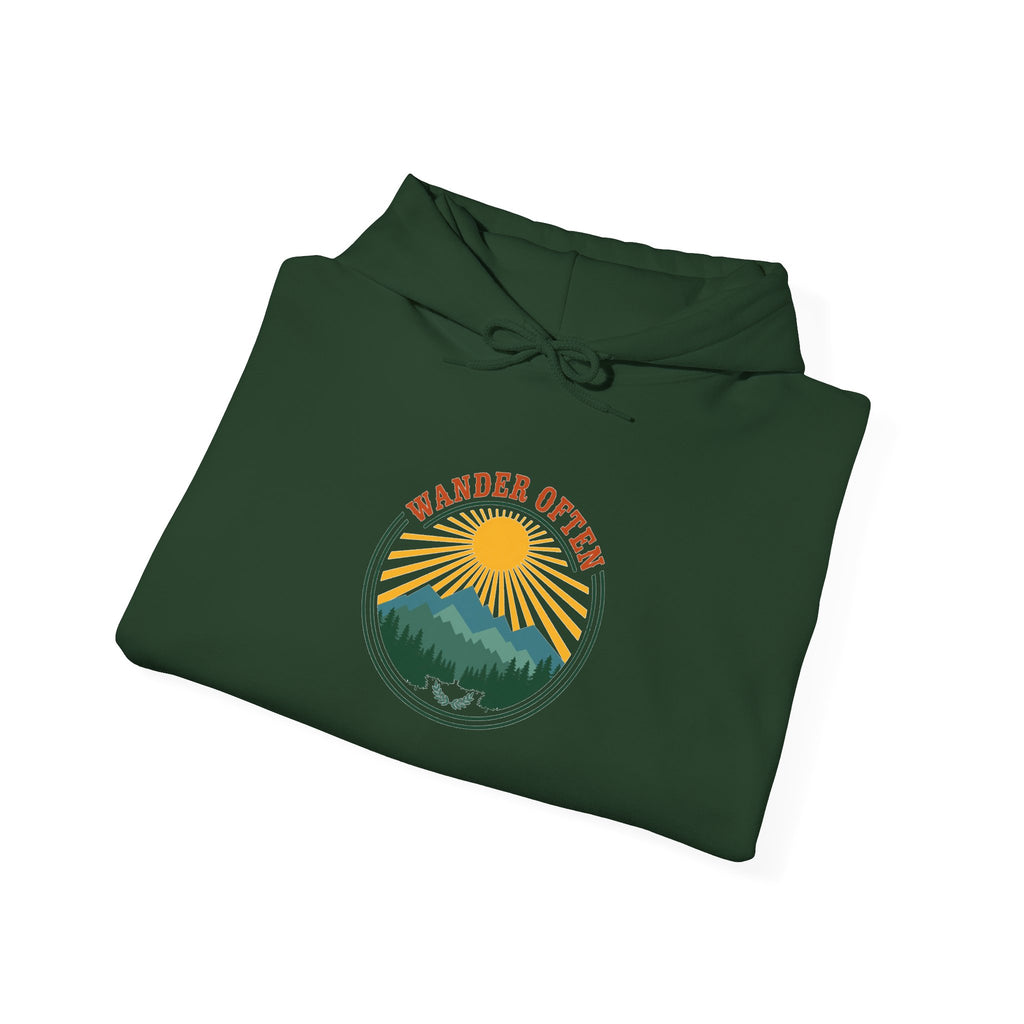 Retro wanderlust badge graphic on a Wander Wild Co vintage pullover hoodie