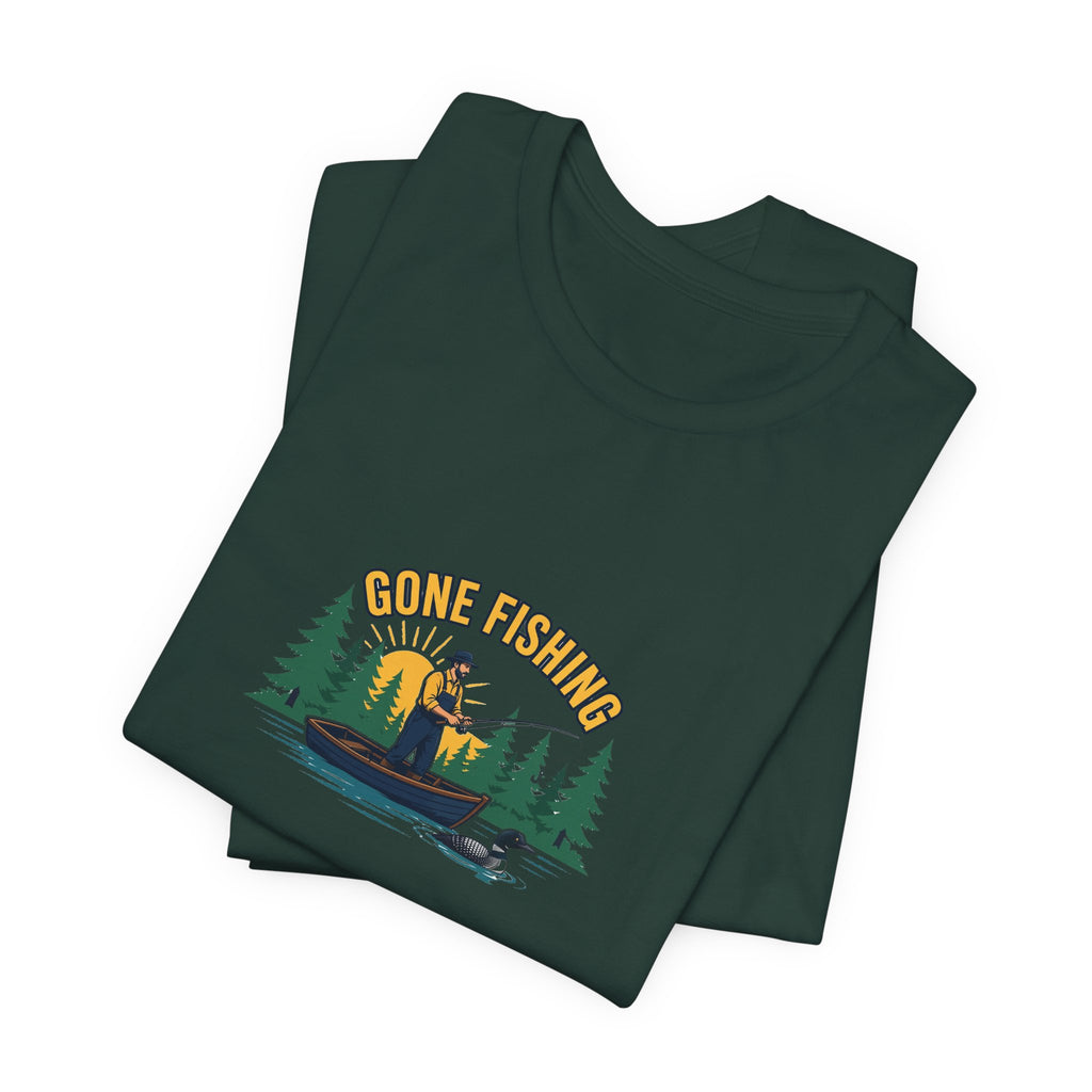 Retro gone fishing badge graphic on a Wander Wild Co vintage classic tee