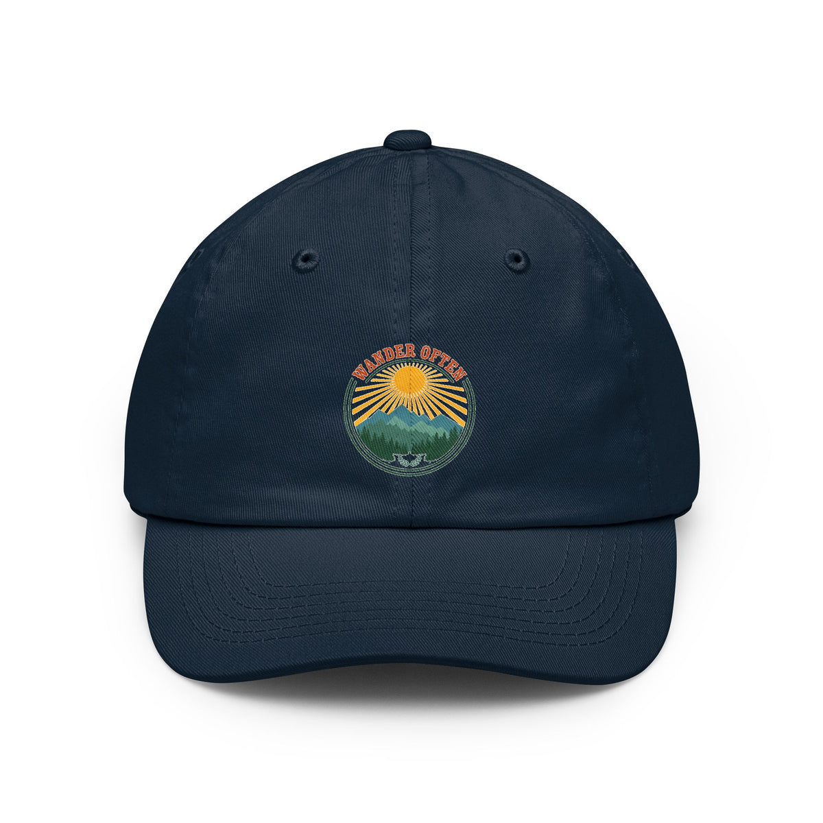 Retro wanderlust badge design on a Wander Wild Co vintage dad cap