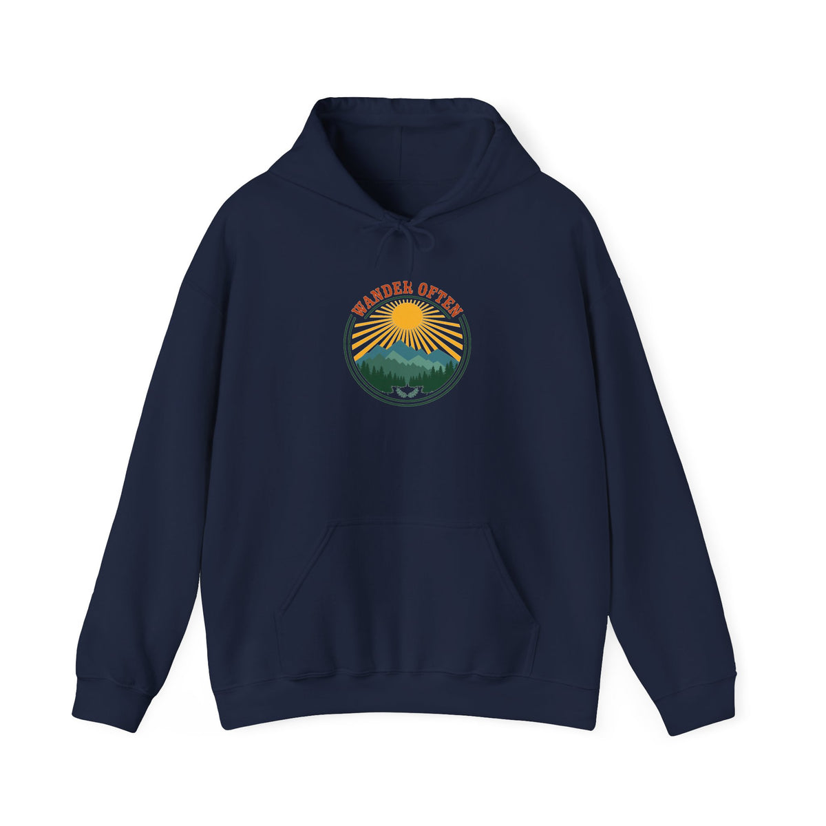 Retro wanderlust badge graphic on a Wander Wild Co vintage pullover hoodie