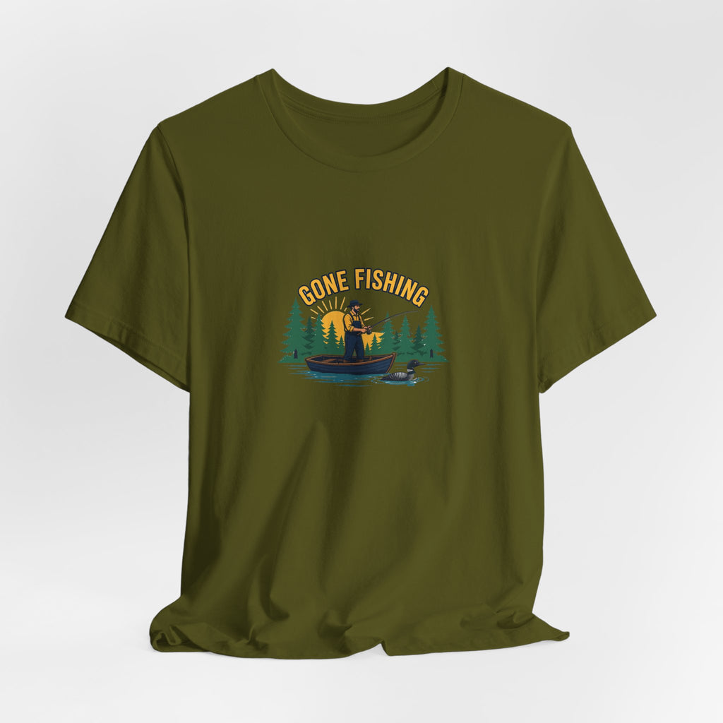Retro gone fishing badge graphic on a Wander Wild Co vintage classic tee