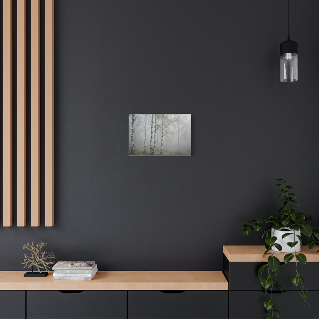 Birch Grove in Fog Canvas Print — Misty Birch Forest Wall Art