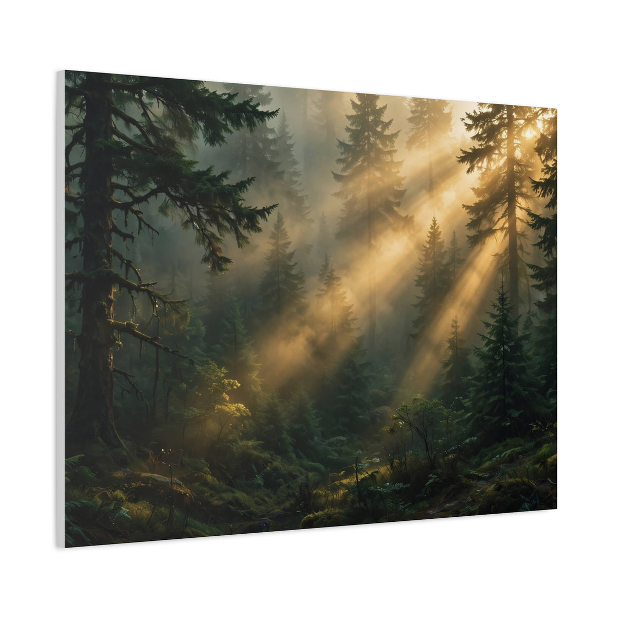 Sunbeams Through Pines Canvas Print — Sunlit Forest Landscape Wall Art